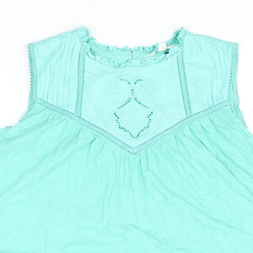 Per Una Womens Green Cotton Basic Blouse Size 12 Round Neck - Embroidered Frill