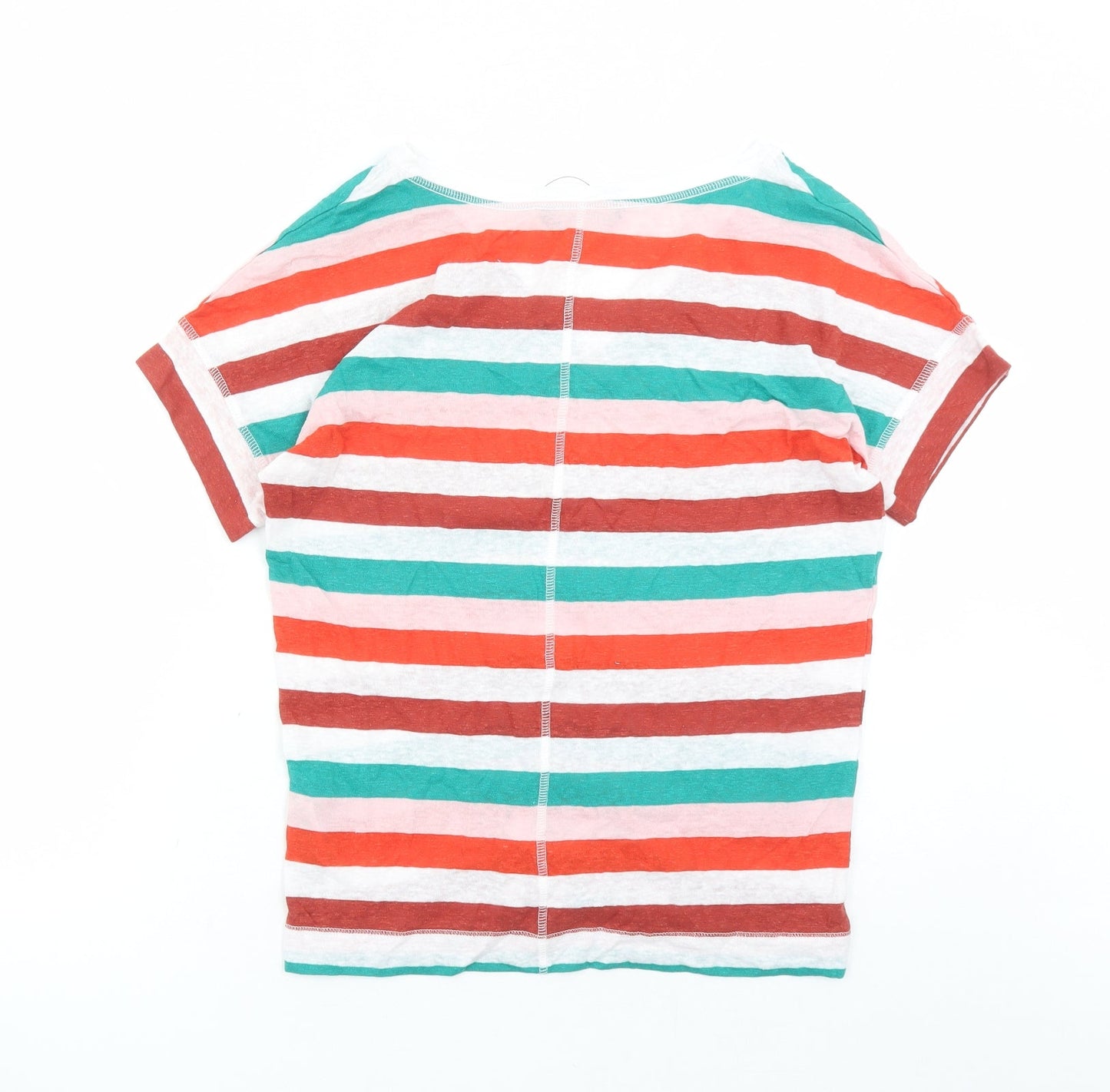Marks and Spencer Womens Multicoloured Striped Flax Basic T-Shirt Size 8 V-Neck