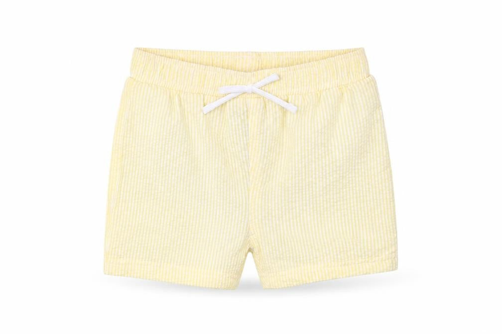 Front view of Marks & Spencer boys’ yellow striped cotton sweatpants, size 12-18, months - elasticated waist swim shorts