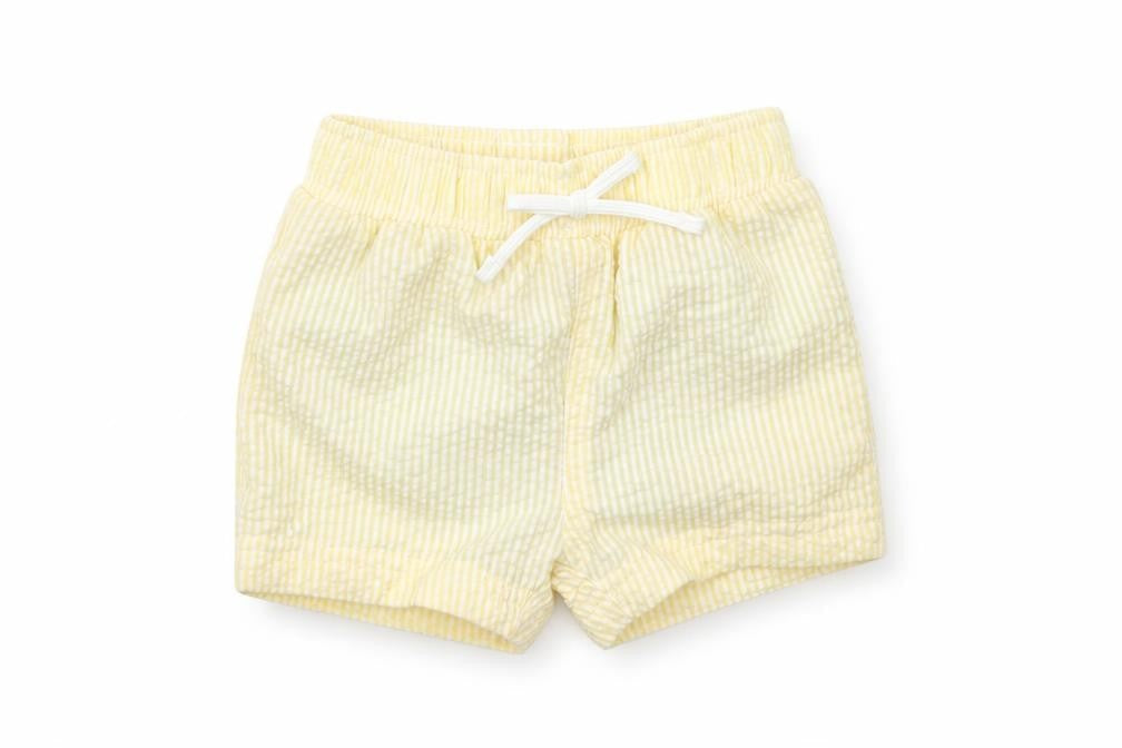 Front view of Marks & Spencer boys’ yellow striped cotton sweatpants, size 0-3, months - elasticated waist swim shorts