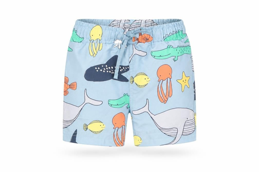 Front view of Marks & Spencer boys’ blue geometric polyester sweatpants, months drawstring - elasticated waist swim shorts