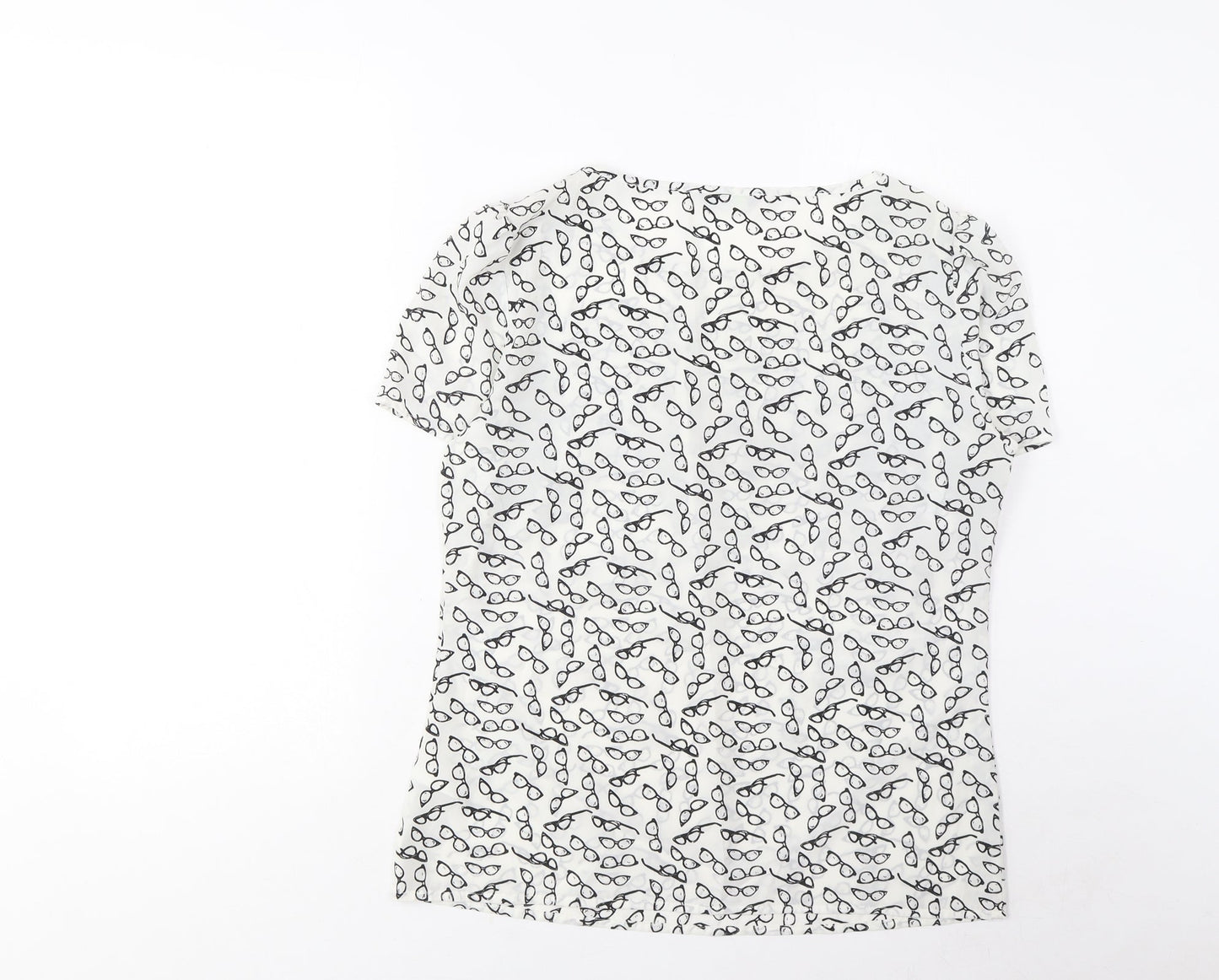 Marks and Spencer Womens White Geometric Polyester Basic T-Shirt Size 8 Boat Neck - Pleated