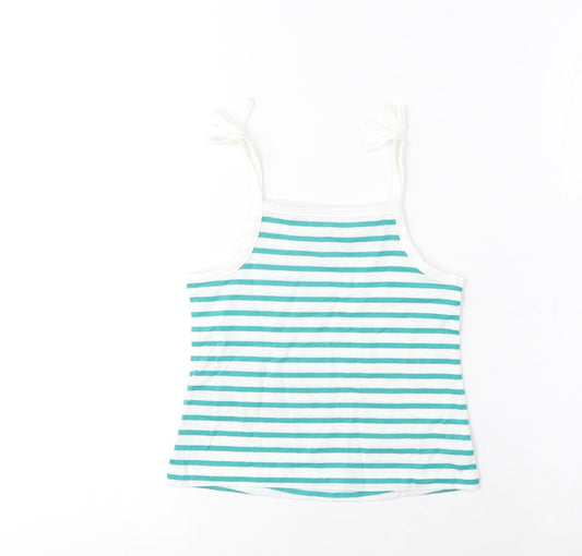 Marks and Spencer Girls Green Striped Cotton Cropped Tank Size 2-3 Years Square Neck Pullover - Embroidered, Heart