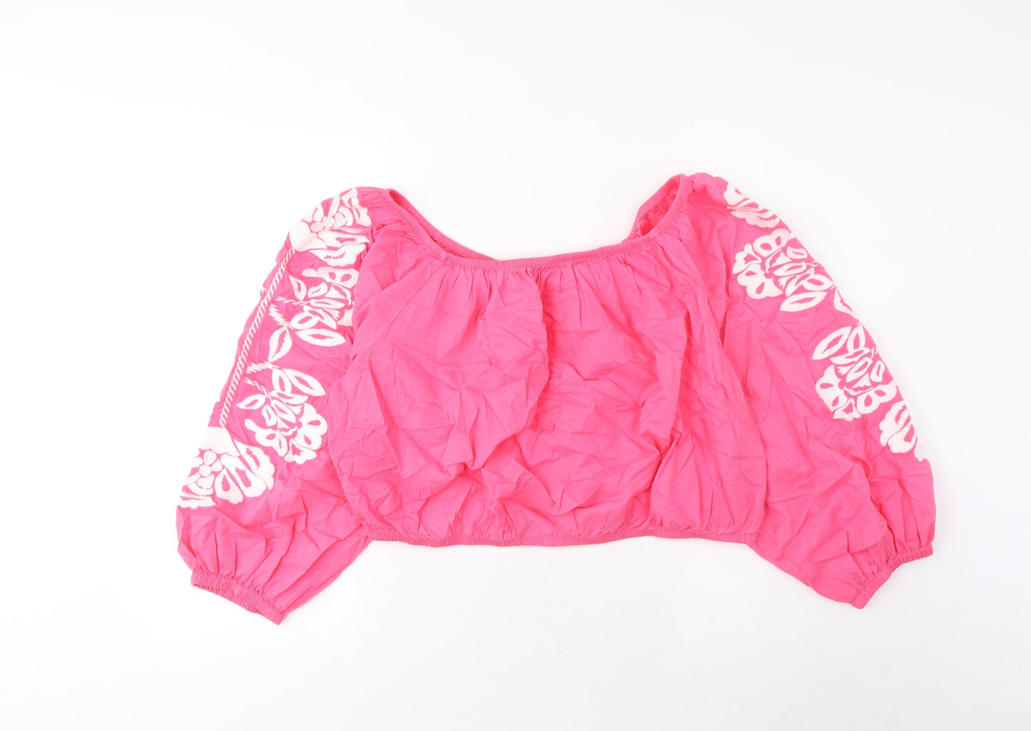 Marks and Spencer Womens Pink Cotton Cropped Blouse Size 20 Scoop Neck - Embroidered
