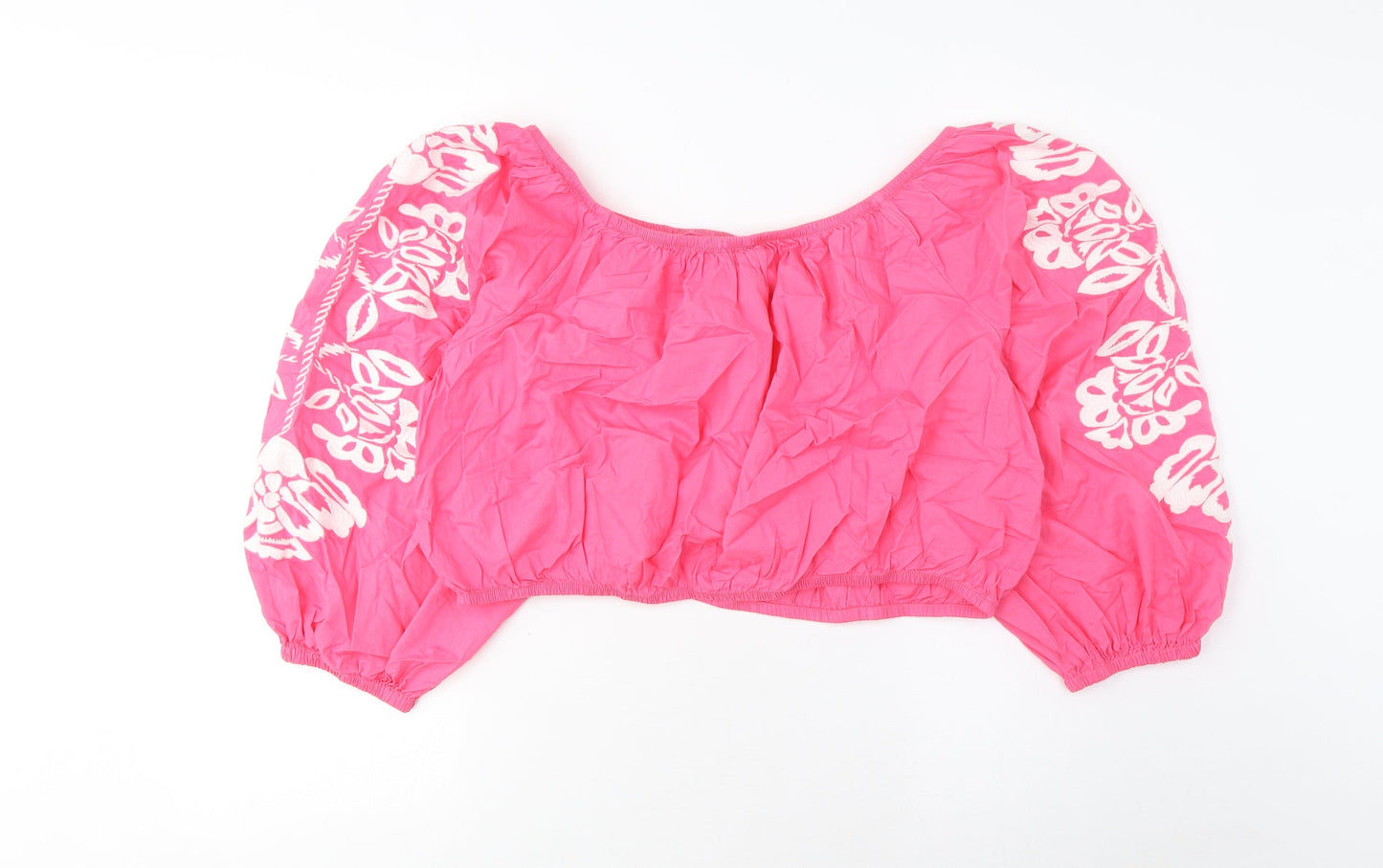 Marks and Spencer Womens Pink Cotton Cropped Blouse Size 20 Scoop Neck - Embroidered