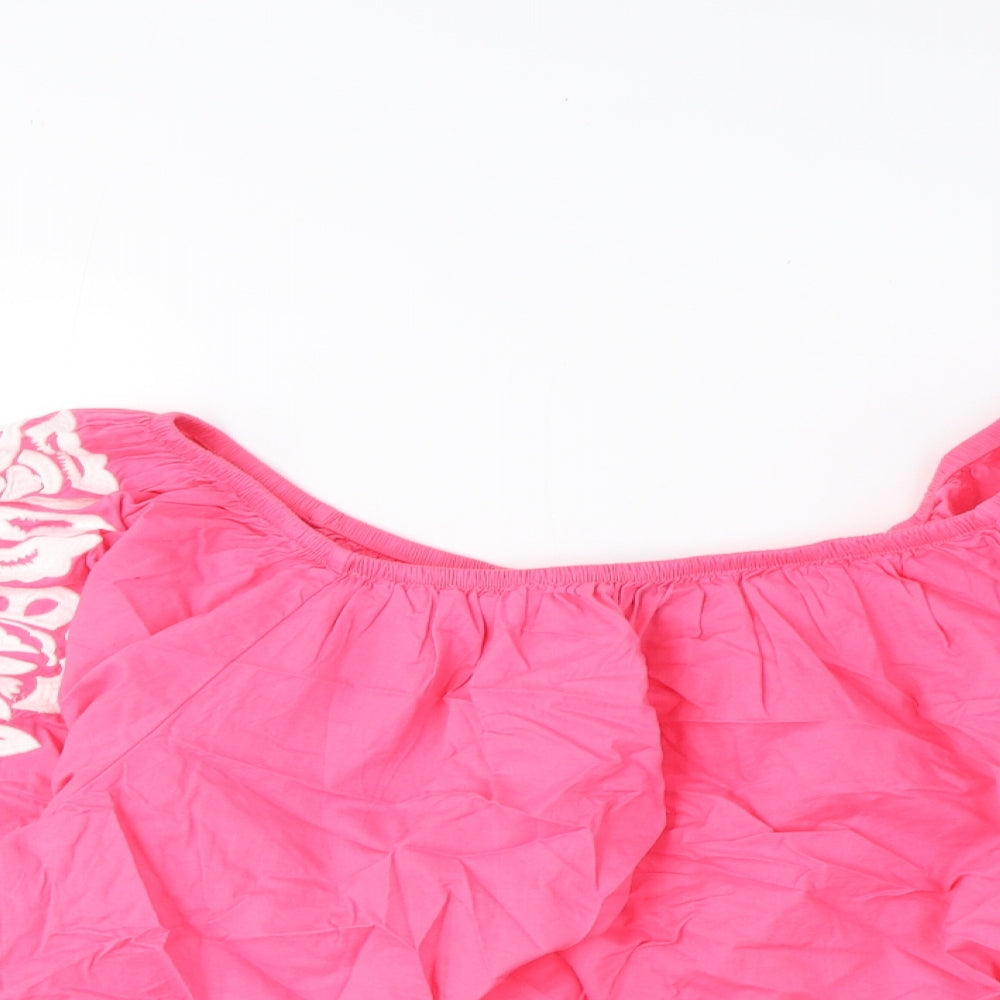 Marks and Spencer Womens Pink Cotton Cropped Blouse Size 20 Scoop Neck - Embroidered