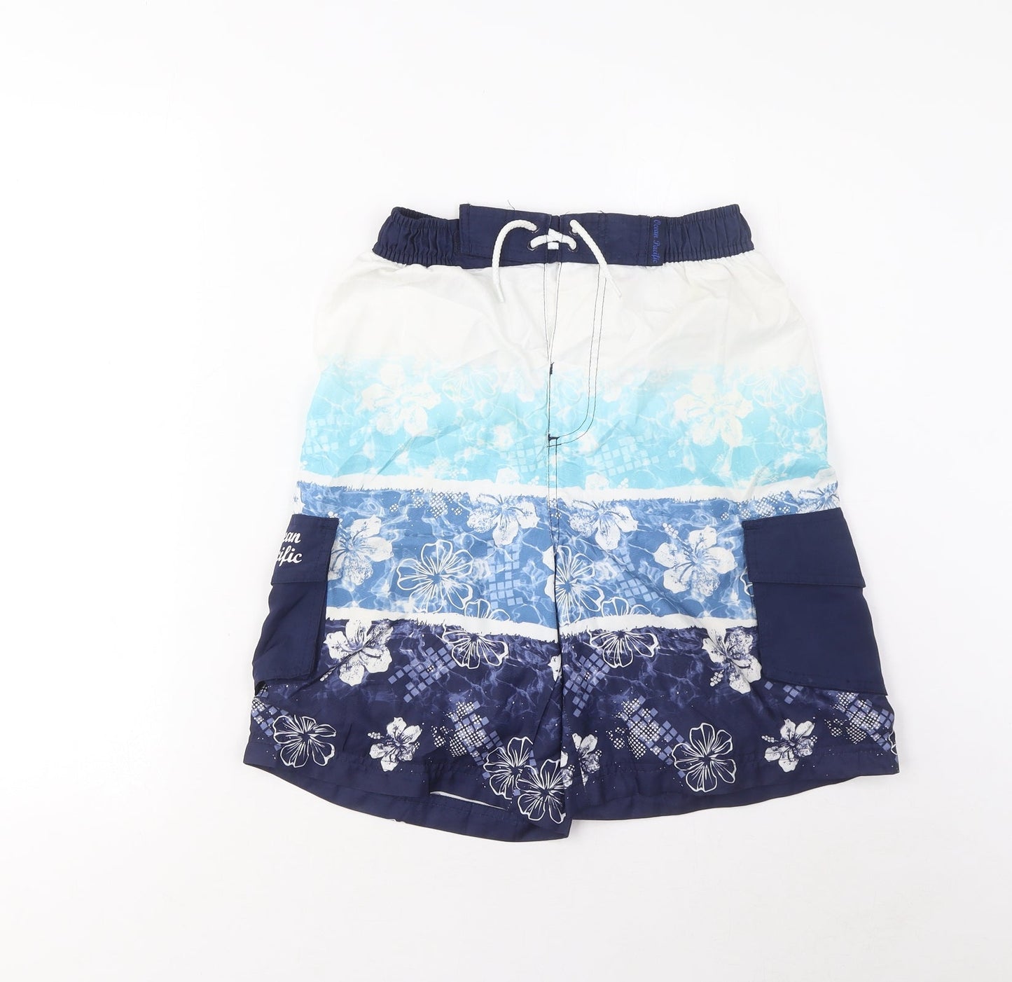 Ocean Pacific Boys Blue Geometric Polyester Sweat Shorts Size 13 Years L6 in Regular Drawstring - Swim Shorts