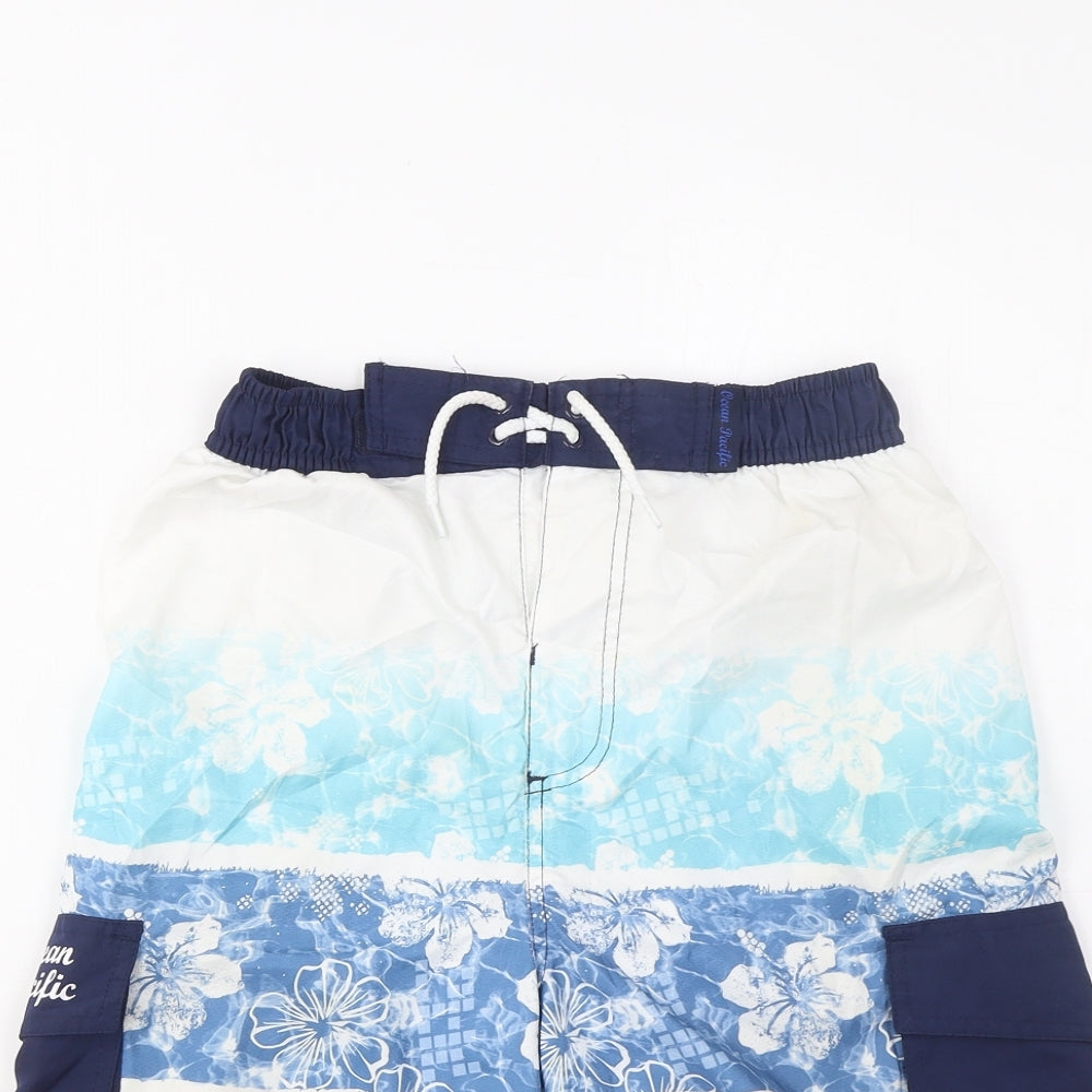 Ocean Pacific Boys Blue Geometric Polyester Sweat Shorts Size 13 Years L6 in Regular Drawstring - Swim Shorts