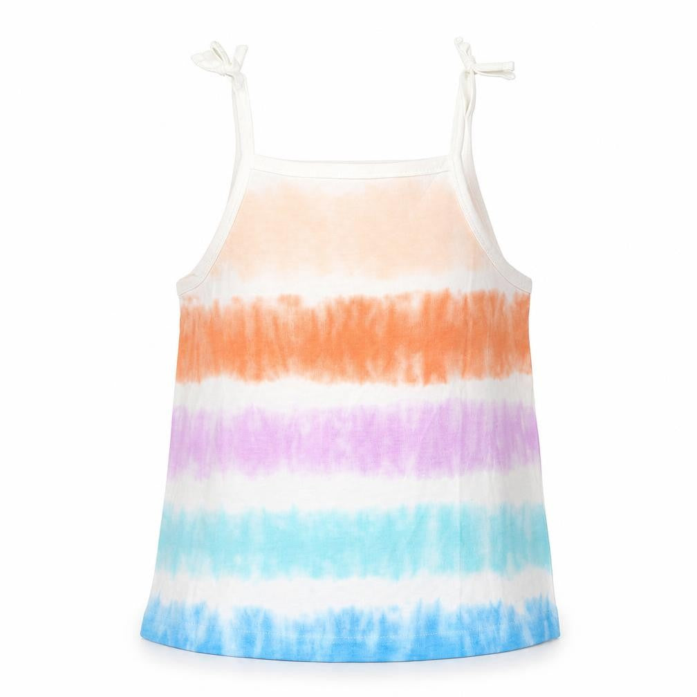 Front view of Marks & Spencer girls’ multicoloured striped cotton basic tank, size 3-4, years square neck pullover