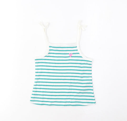 Marks and Spencer Girls Blue Striped Cotton Cropped Tank Size 2-3 Years Square Neck Pullover - Embroidered, Heart