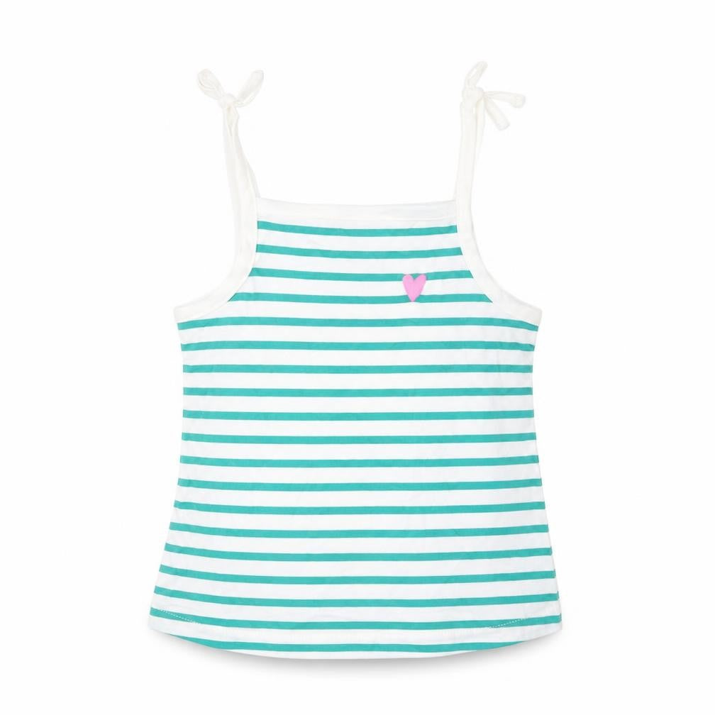 Front view of Marks & Spencer girls’ blue striped cotton cropped tank, years square neck pullover - embroidered, heart