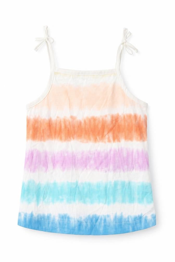 Front view of Marks & Spencer girls’ multicoloured striped cotton basic tank, size 3-4, years square neck pullover