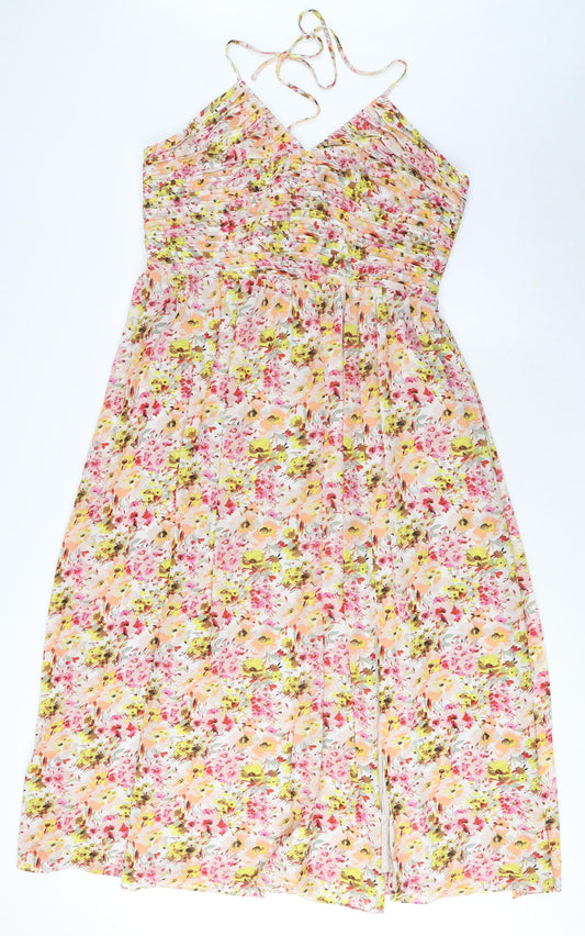 Marks and Spencer Womens Multicoloured Floral Polyester A-Line Size 16 Halter Tie - Pleated, Side Slit