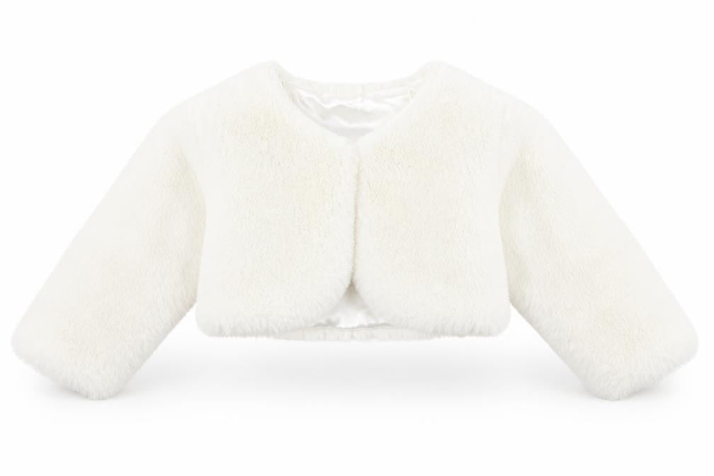 Front view of Cutey Couture girls’ ivory basic jacket jacket, size 6-9, months button - faux fur, size 6-12