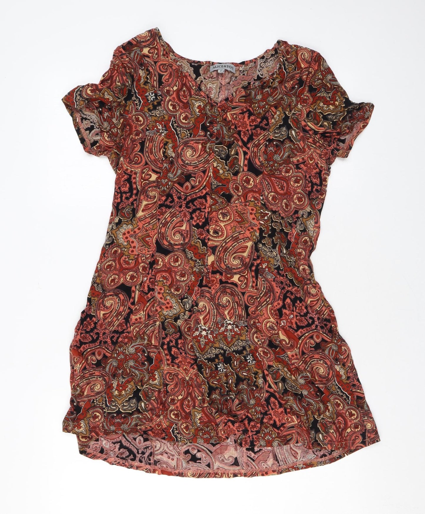 Alice & You Womens Orange Paisley Viscose A-Line Size 12 V-Neck Pullover