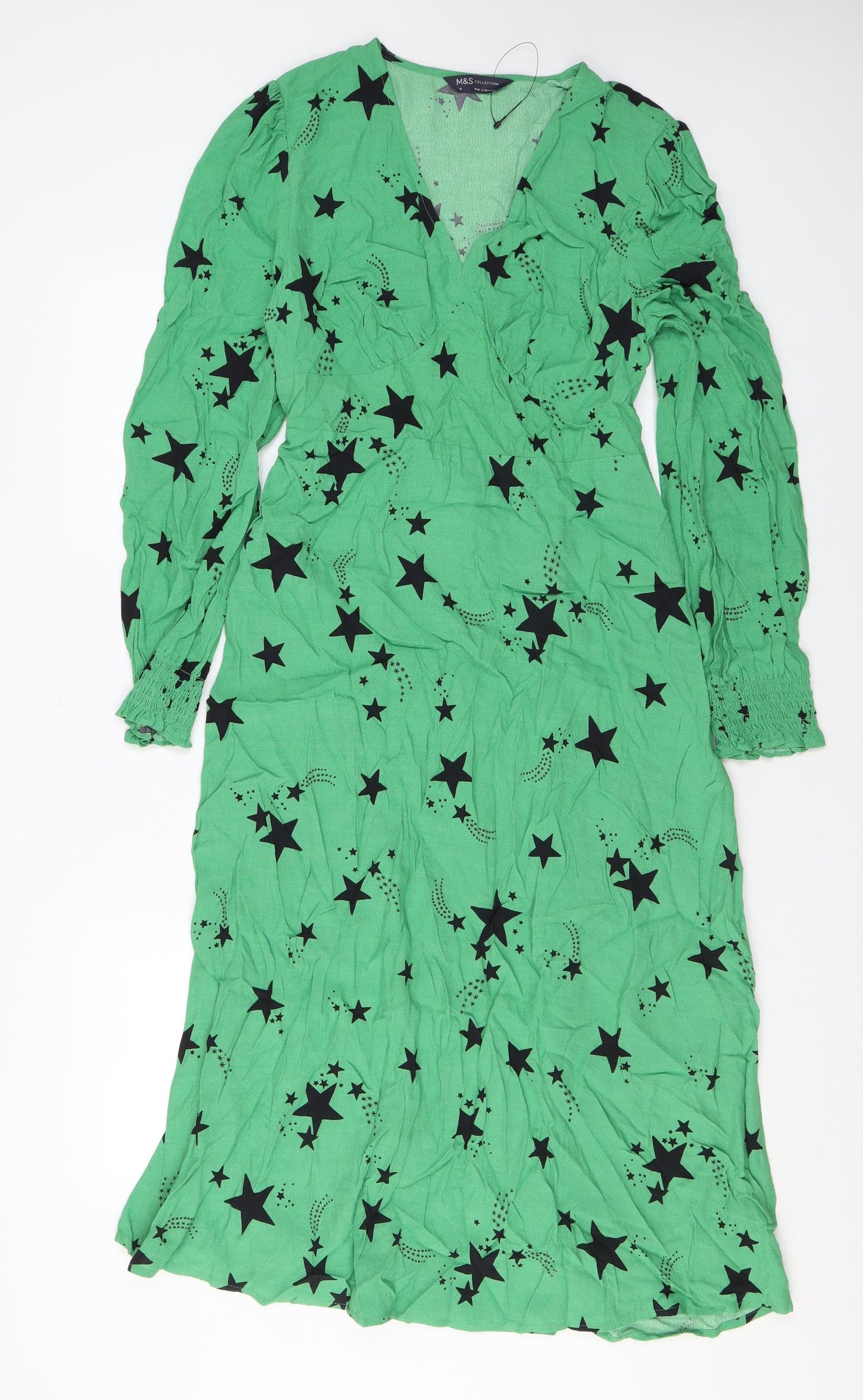 Marks and Spencer Womens Green Geometric Viscose Maxi Size 10 V-Neck Zip