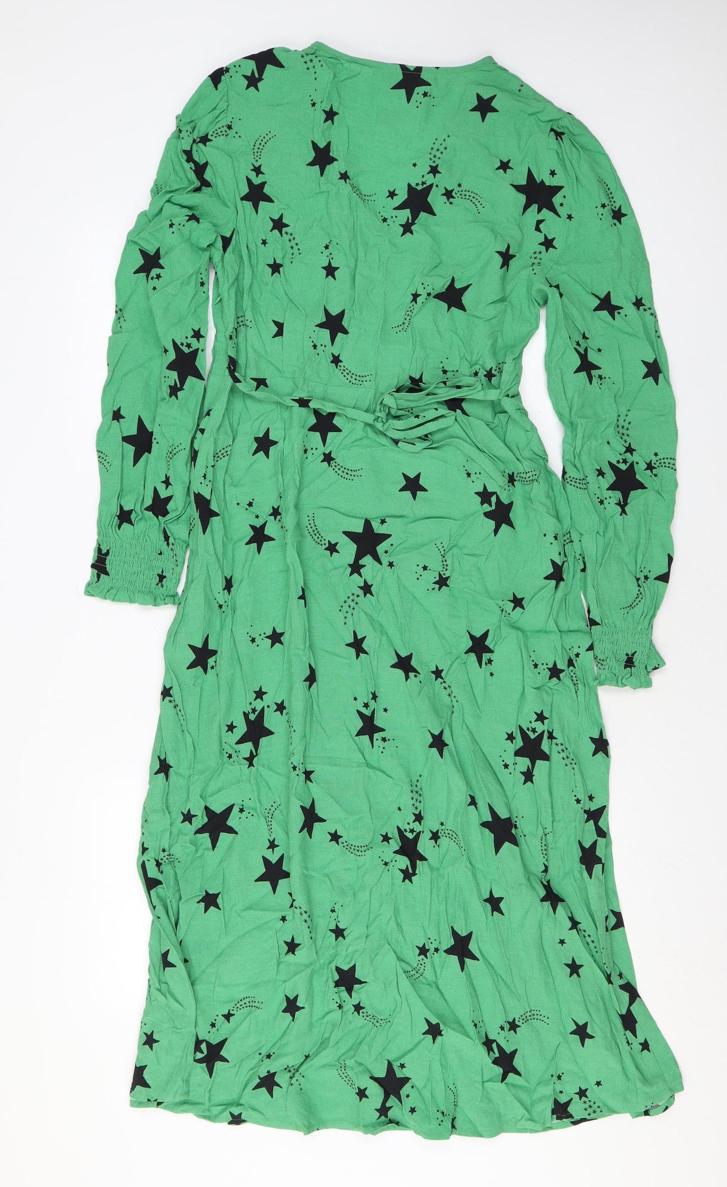 Marks and Spencer Womens Green Geometric Viscose Maxi Size 10 V-Neck Zip