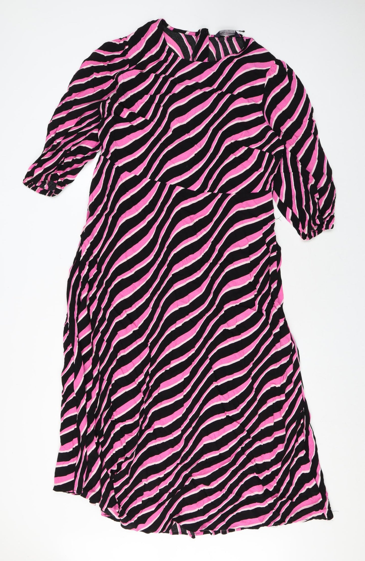 Marks and Spencer Womens Pink Striped Viscose Maxi Size 14 Scoop Neck Zip