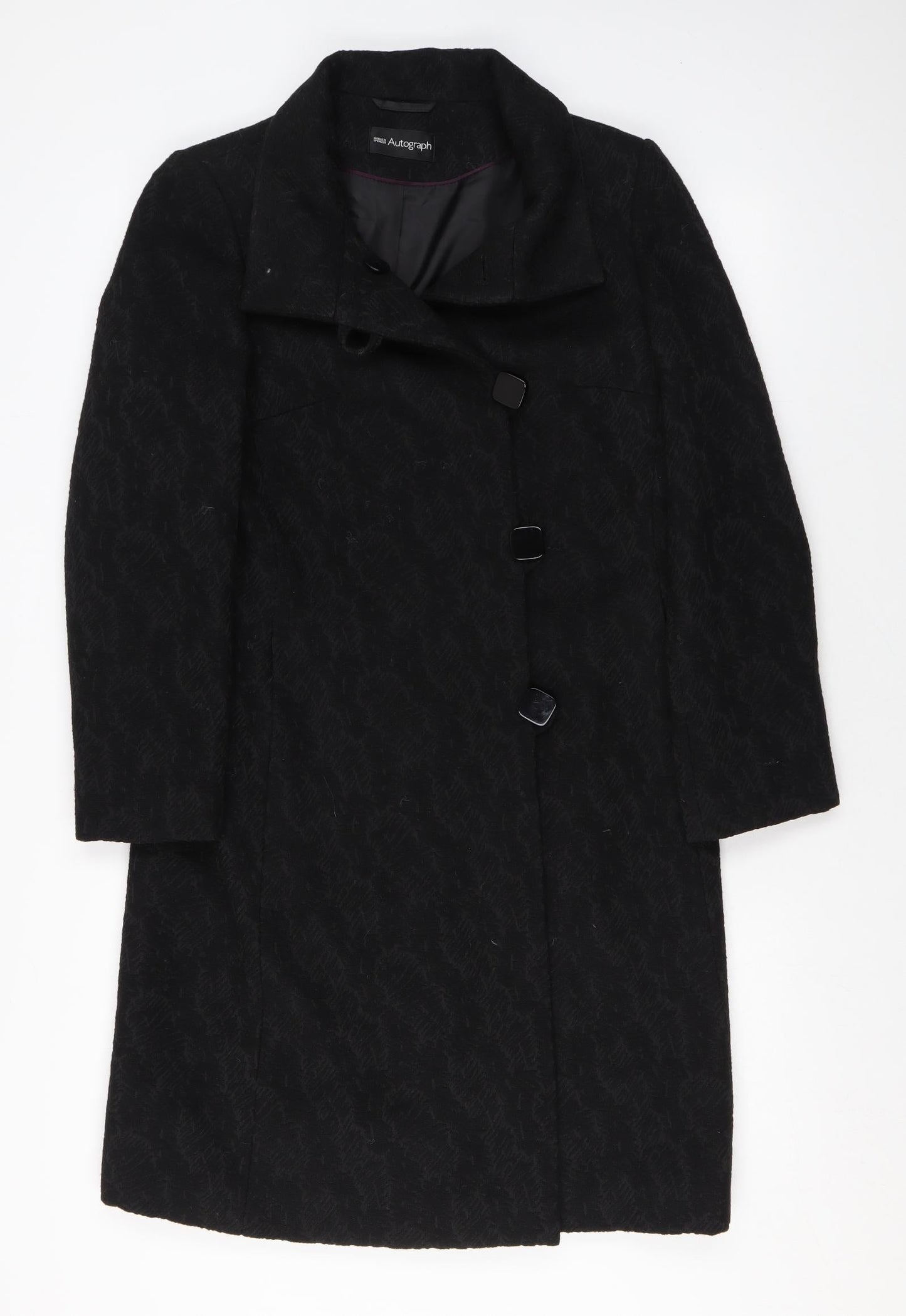 Marks and Spencer Womens Black Geometric Overcoat Coat Size 8 Button