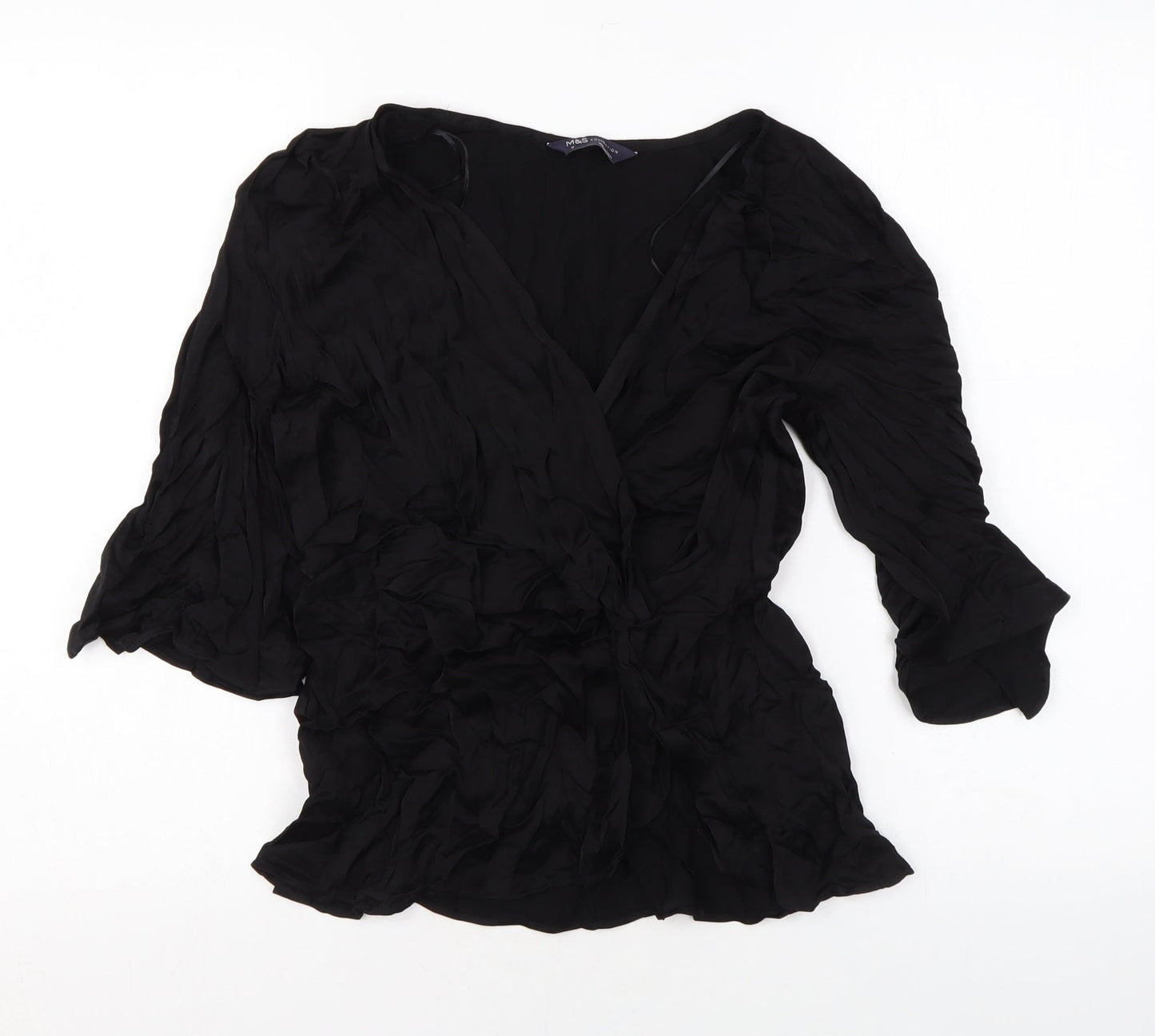 Marks and Spencer Womens Black Viscose Basic Blouse Size 10 V-Neck