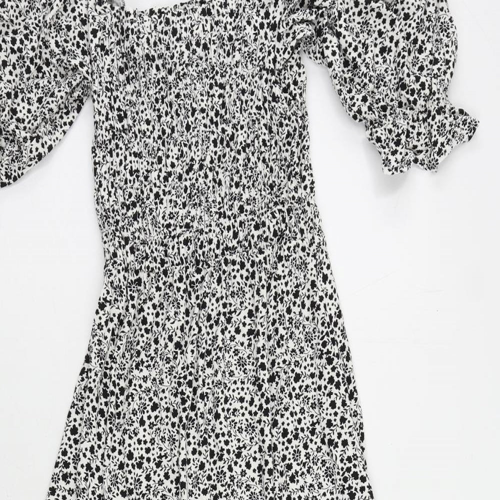 Marks and Spencer Womens Black Floral Viscose A-Line Size 6 Square Neck Pullover - Shirred Back