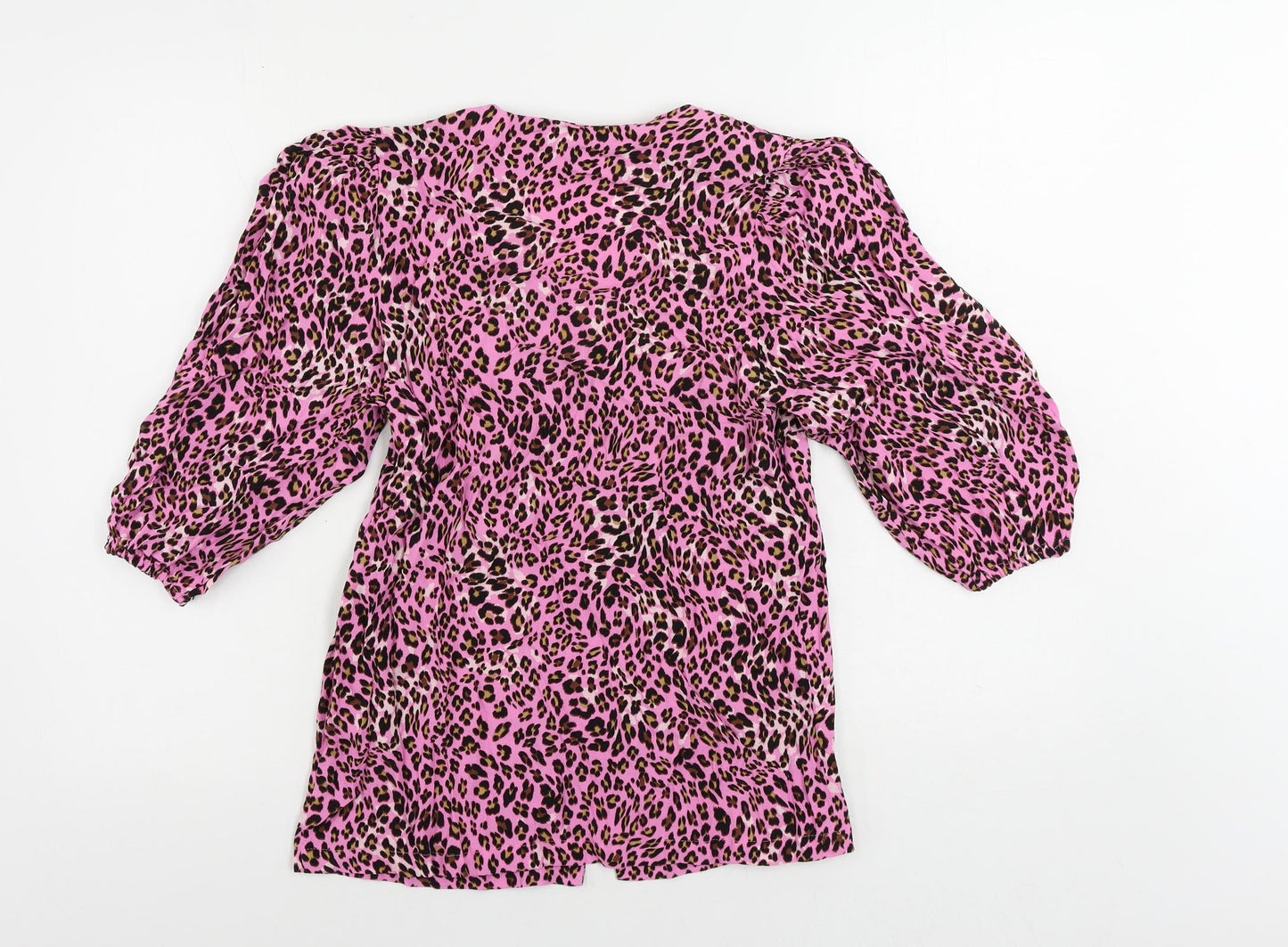 Marks and Spencer Womens Pink Animal Print Viscose Basic Button-Up Size 8 V-Neck