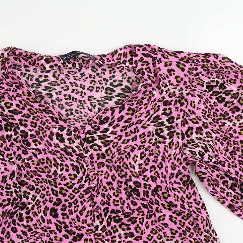 Marks and Spencer Womens Pink Animal Print Viscose Basic Button-Up Size 8 V-Neck