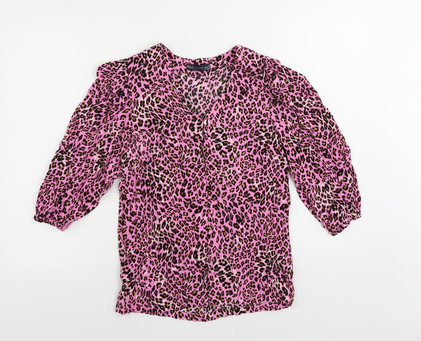 Marks and Spencer Womens Pink Animal Print Viscose Basic Button-Up Size 6 V-Neck