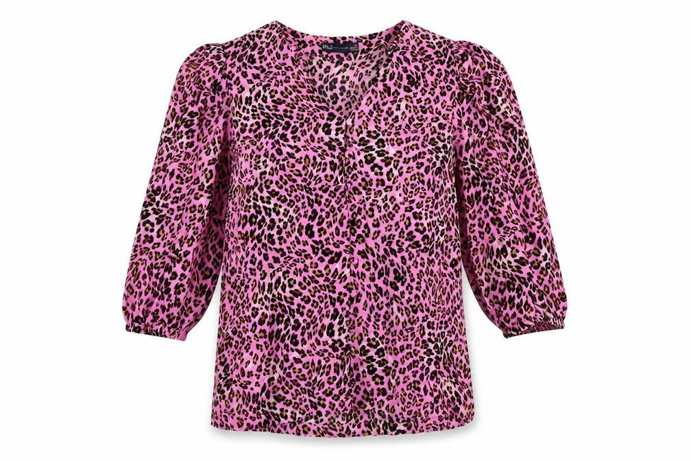 Marks and Spencer Womens Pink Animal Print Viscose Basic Button-Up Size 6 V-Neck