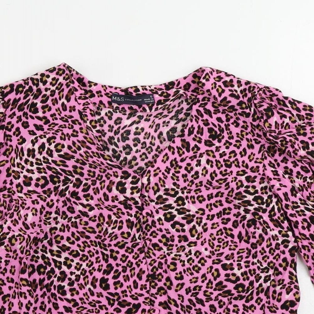 Marks and Spencer Womens Pink Animal Print Viscose Basic Button-Up Size 6 V-Neck