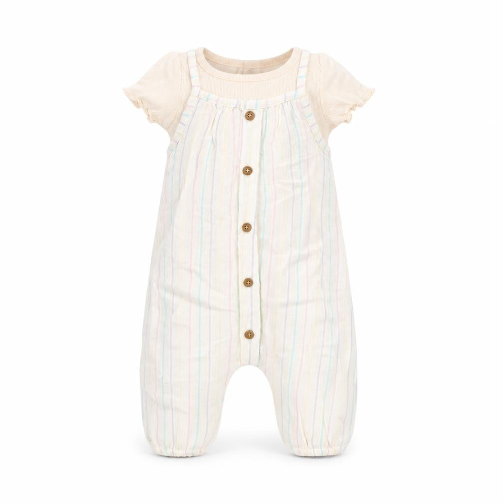 Front view of Marks & Spencer girls’ pink striped viscose dungaree outfit/set, size 0-3, months button