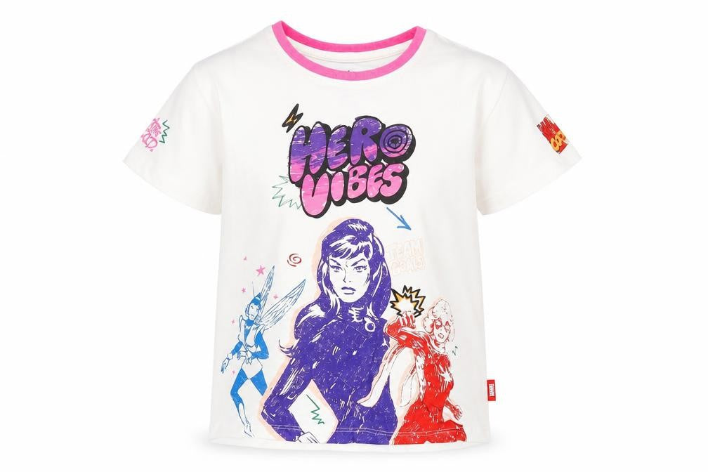 Front view of Marks & Spencer girls’ white polyester basic t-shirt, size 4-5, years round neck lace up - marvel, hero vibes