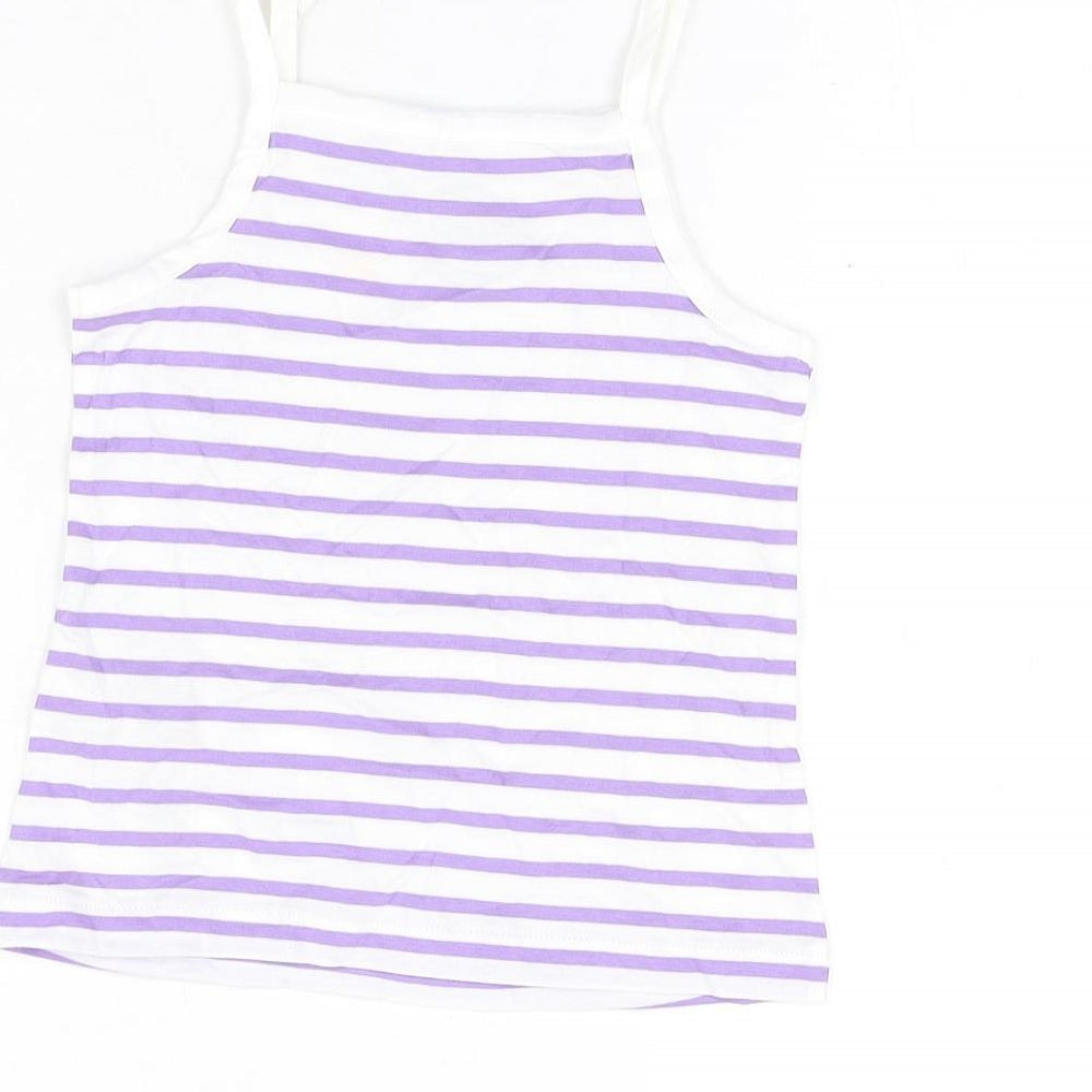 Brand and care label for Marks & Spencer girls’ white striped cotton basic t-shirt, size 3-4, years square neck pullover