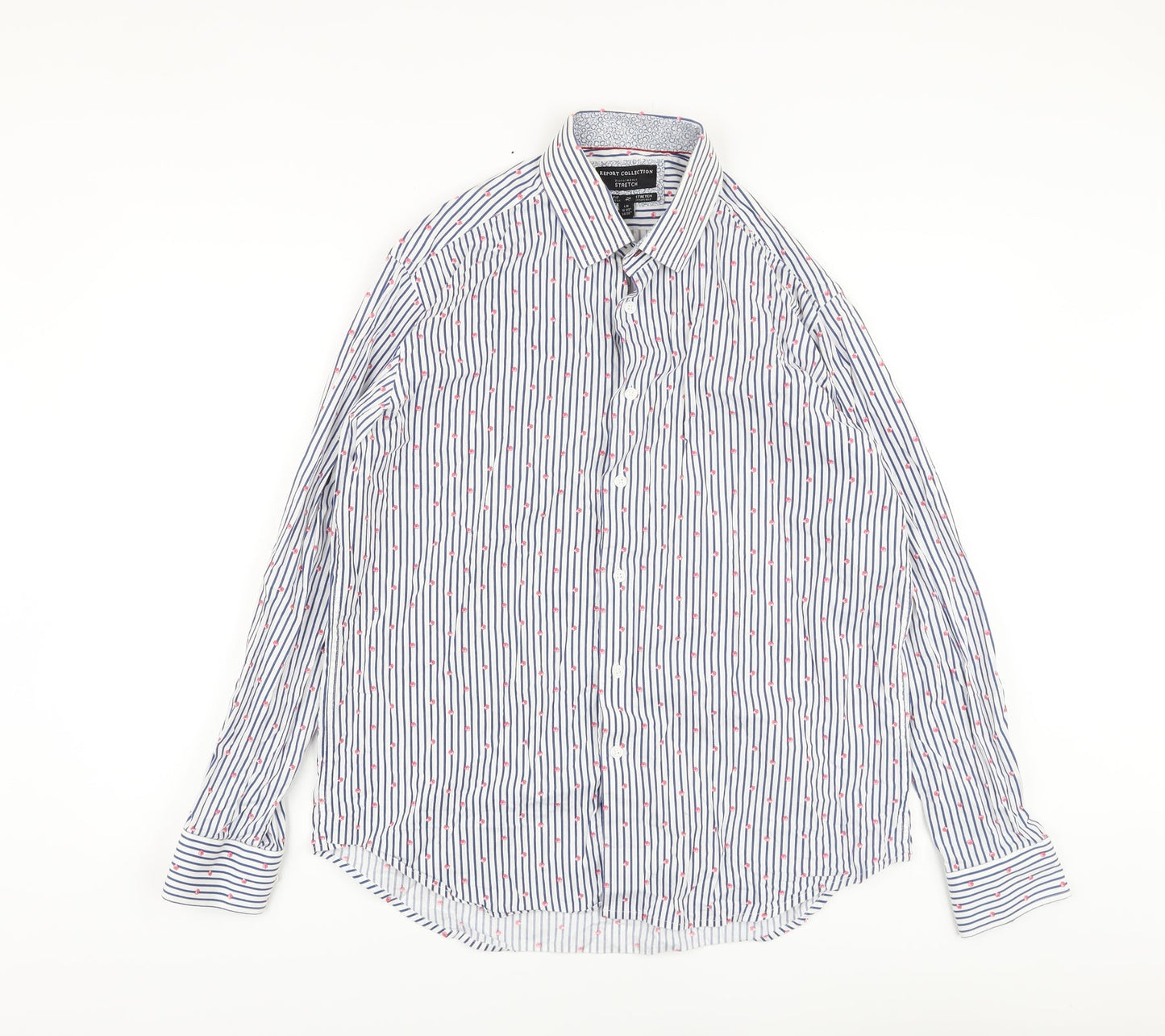 Report Collection Mens Blue Striped Cotton Button-Up Size L Collared Button