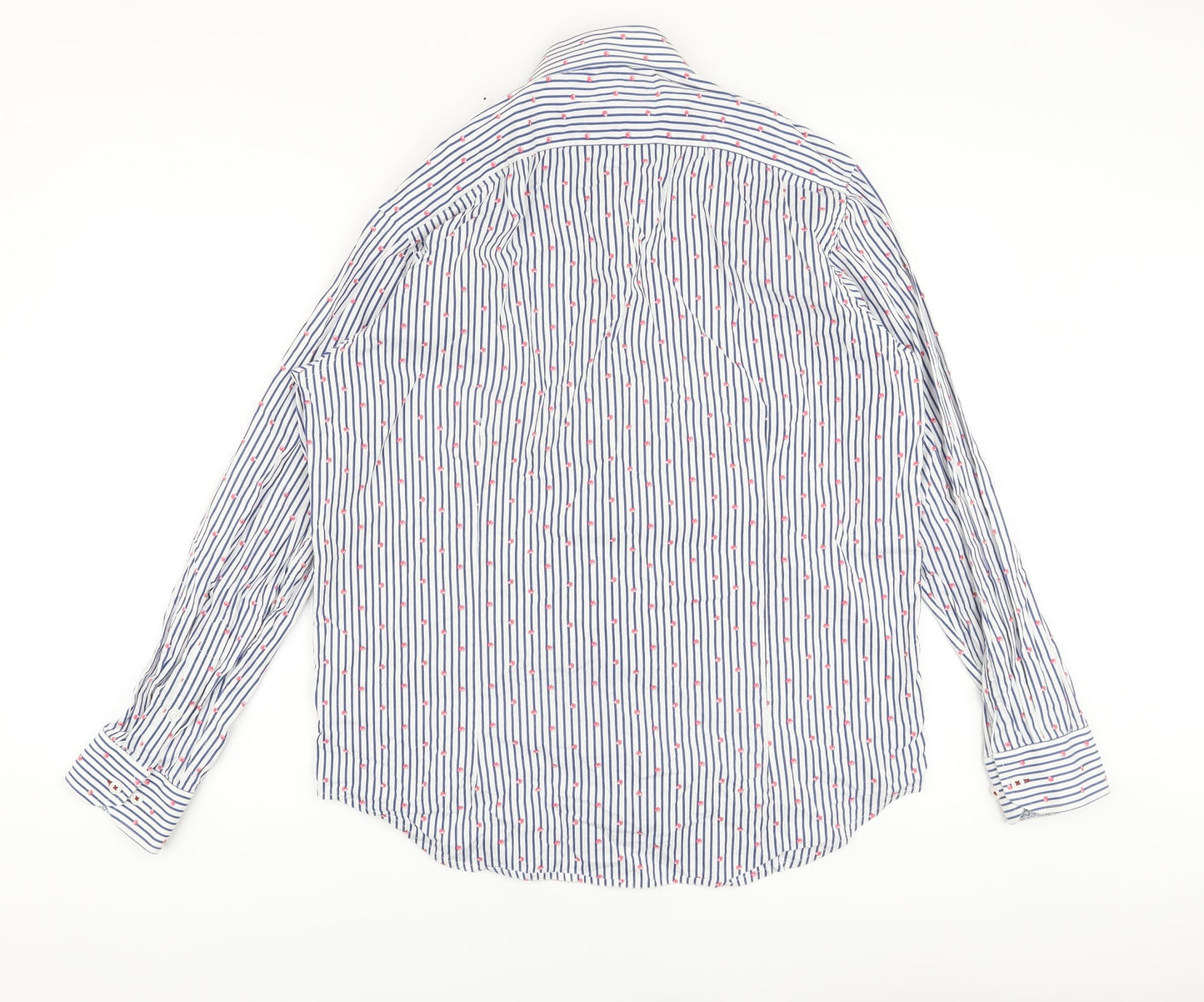 Report Collection Mens Blue Striped Cotton Button-Up Size L Collared Button