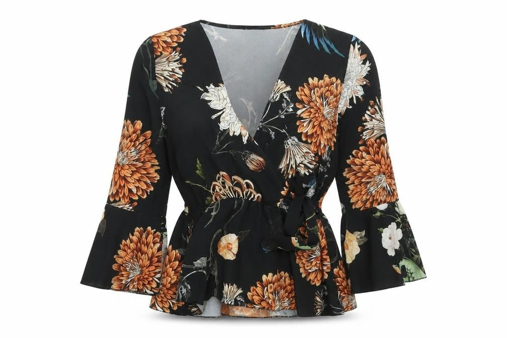 Boohoo Womens Black Floral Polyester Wrap Blouse Size 10 V-Neck