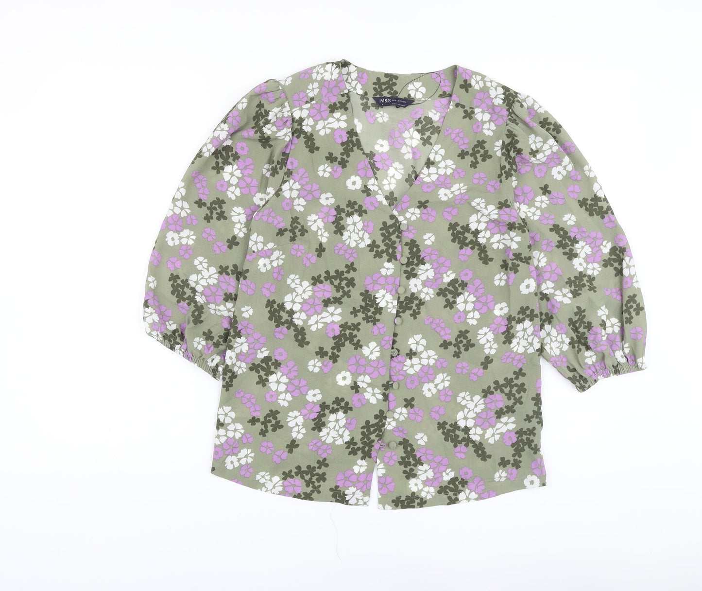 Marks and Spencer Womens Green Floral Polyester Basic Blouse Size 8 V-Neck