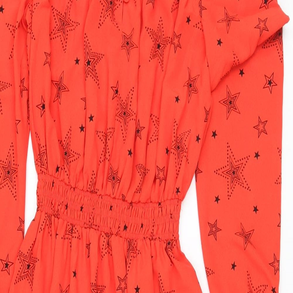 Marks and Spencer Womens Red Geometric Polyester A-Line Size 6 Crew Neck Button