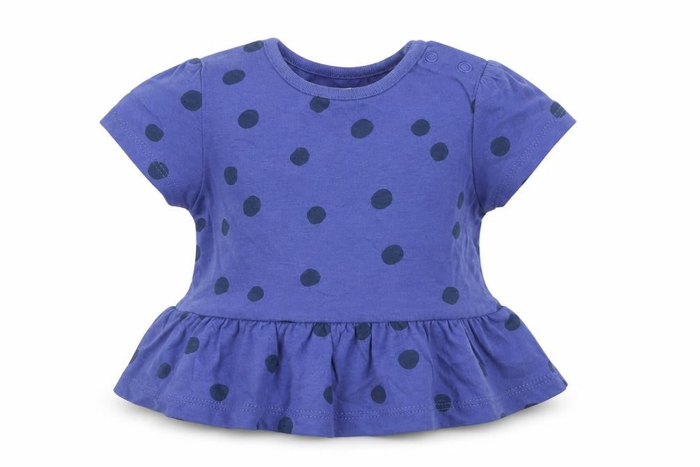 Front view of Marks & Spencer girls’ blue polka dot 100% cotton basic t-shirt, size 0-3, months round neck snap