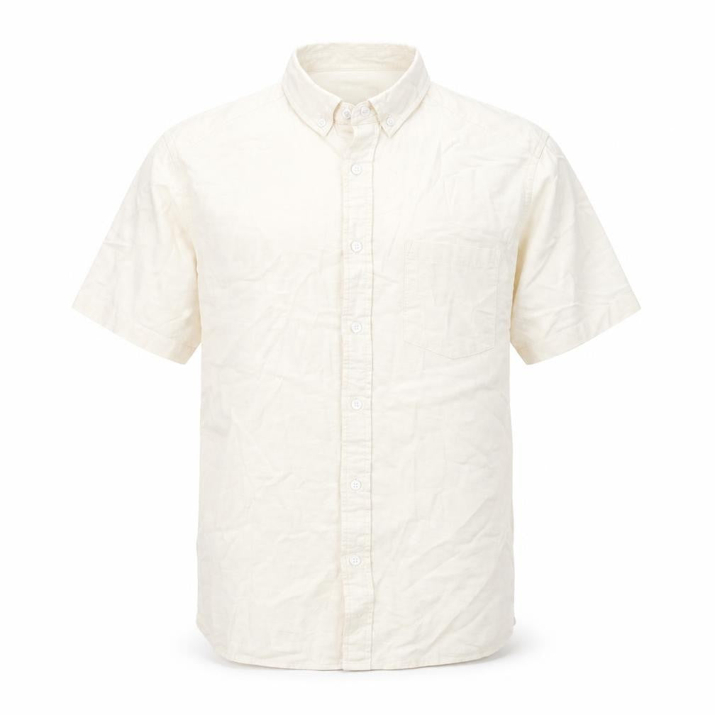 Front view of ASOS men’s beige cotton button-up, size M, collared button