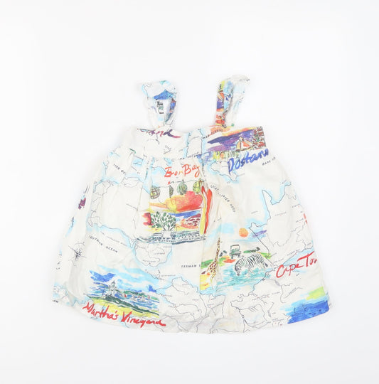 Gap Girls White Geometric Linen Tank Dress Size 2 Years Square Neck Button - Lined