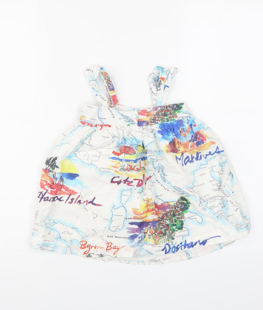 Gap Girls White Geometric Linen Tank Dress Size 2 Years Square Neck Button - Lined