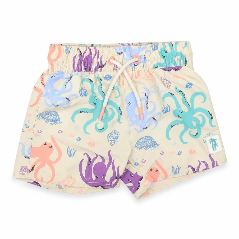 Front view of Marks & Spencer boys’ beige geometric polyester sweatpants, months drawstring - elasticated waist swim shorts