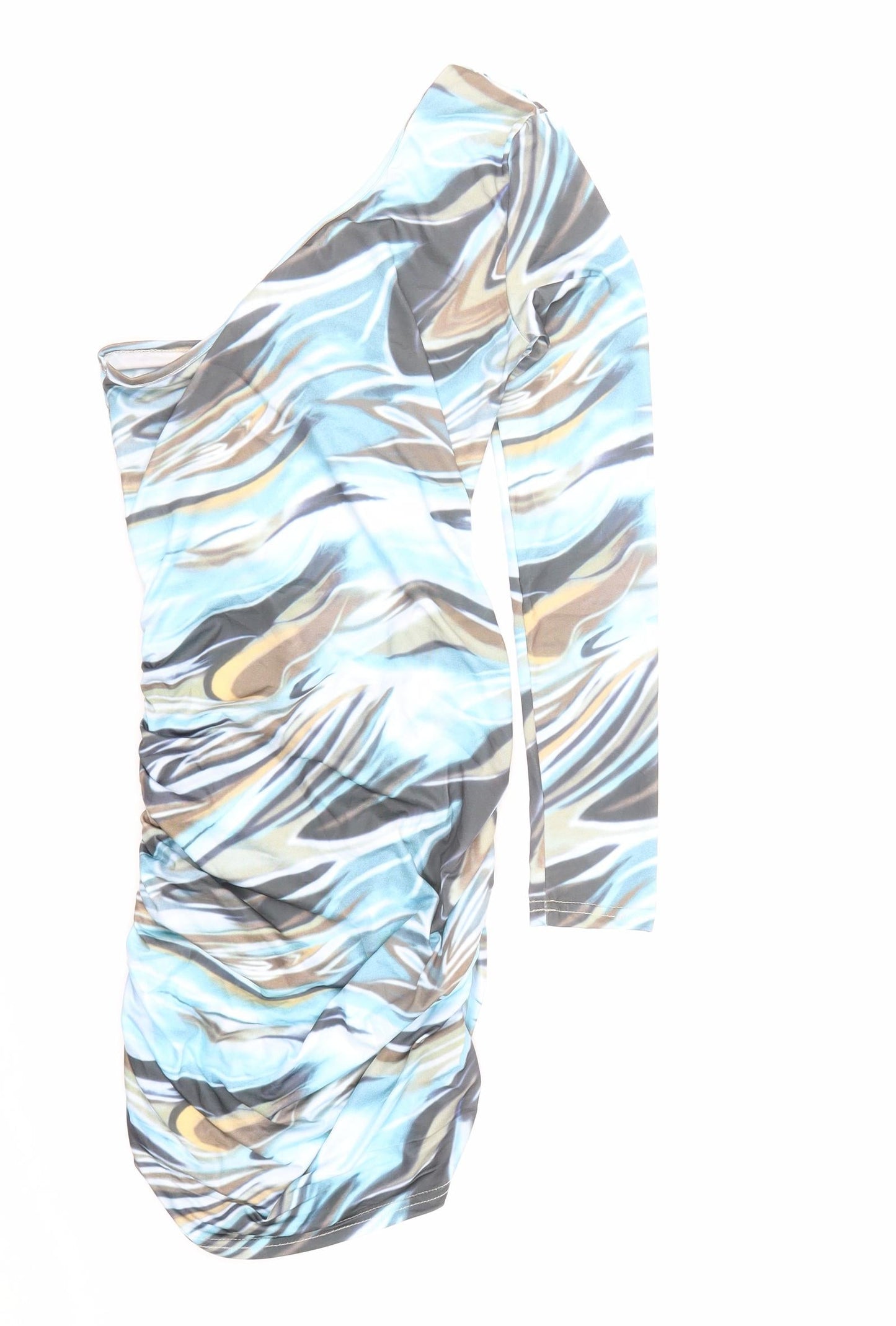DressMezee Womens Blue Geometric Polyester Bodycon Size M One Shoulder Pullover