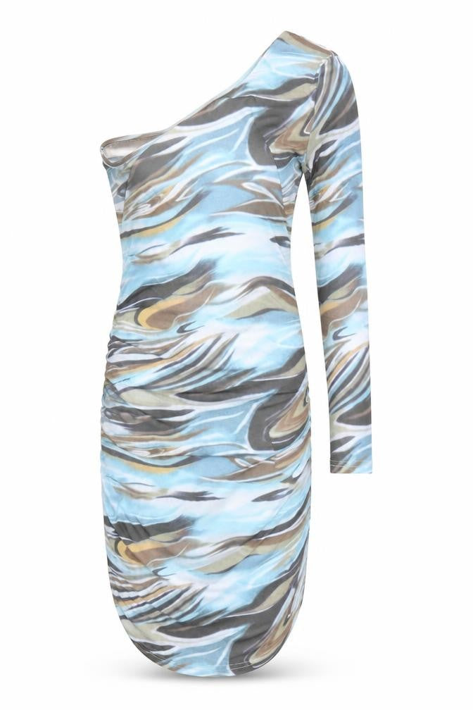 DressMezee Womens Blue Geometric Polyester Bodycon Size M One Shoulder Pullover