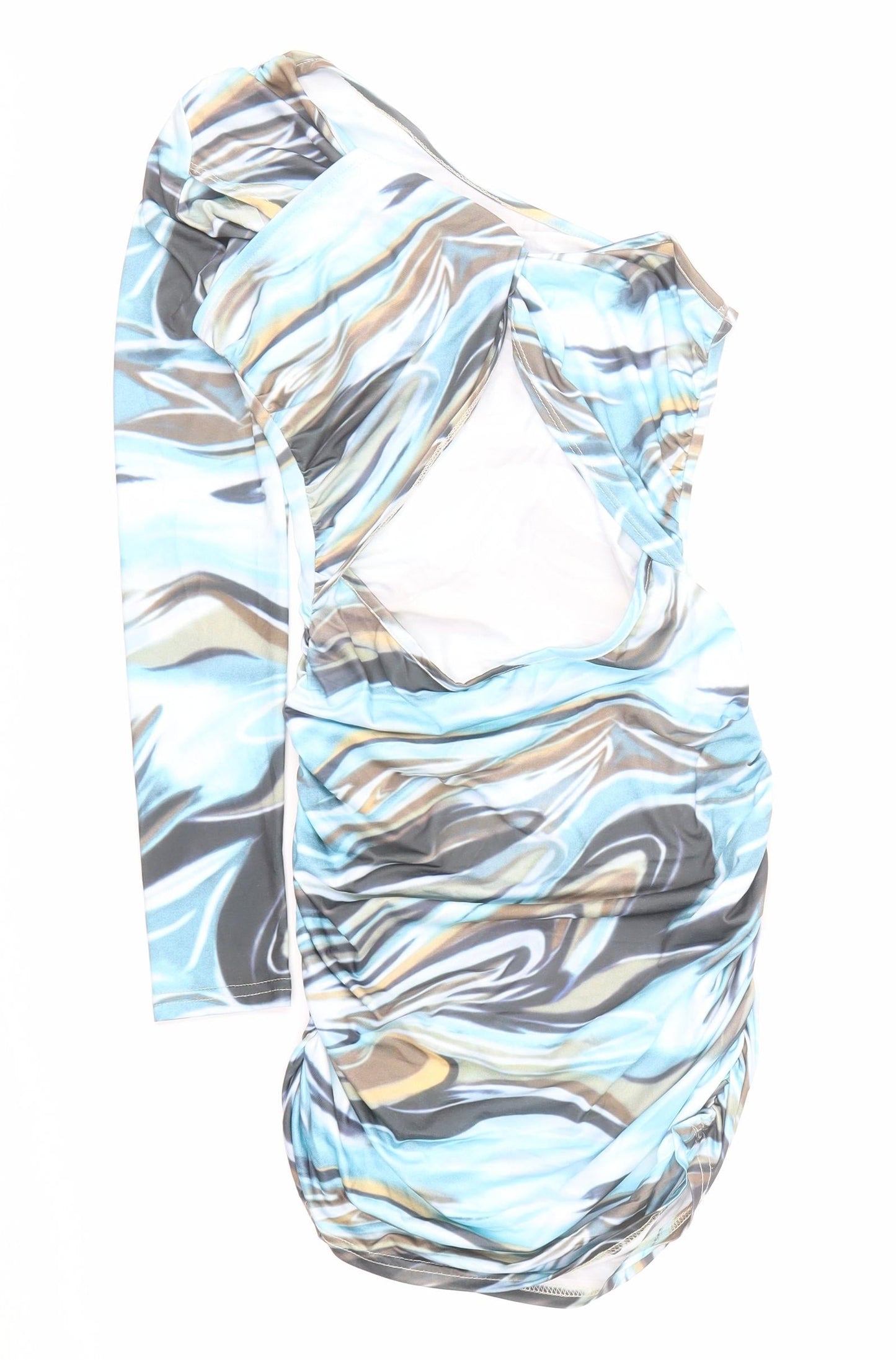DressMezee Womens Blue Geometric Polyester Bodycon Size M One Shoulder Pullover