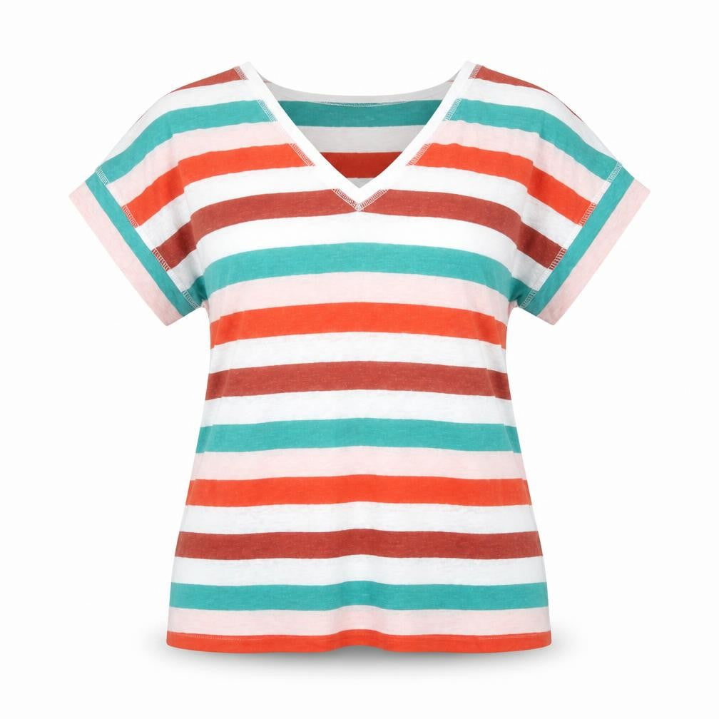 Marks and Spencer Womens Multicoloured Striped Flax Basic T-Shirt Size 8 V-Neck