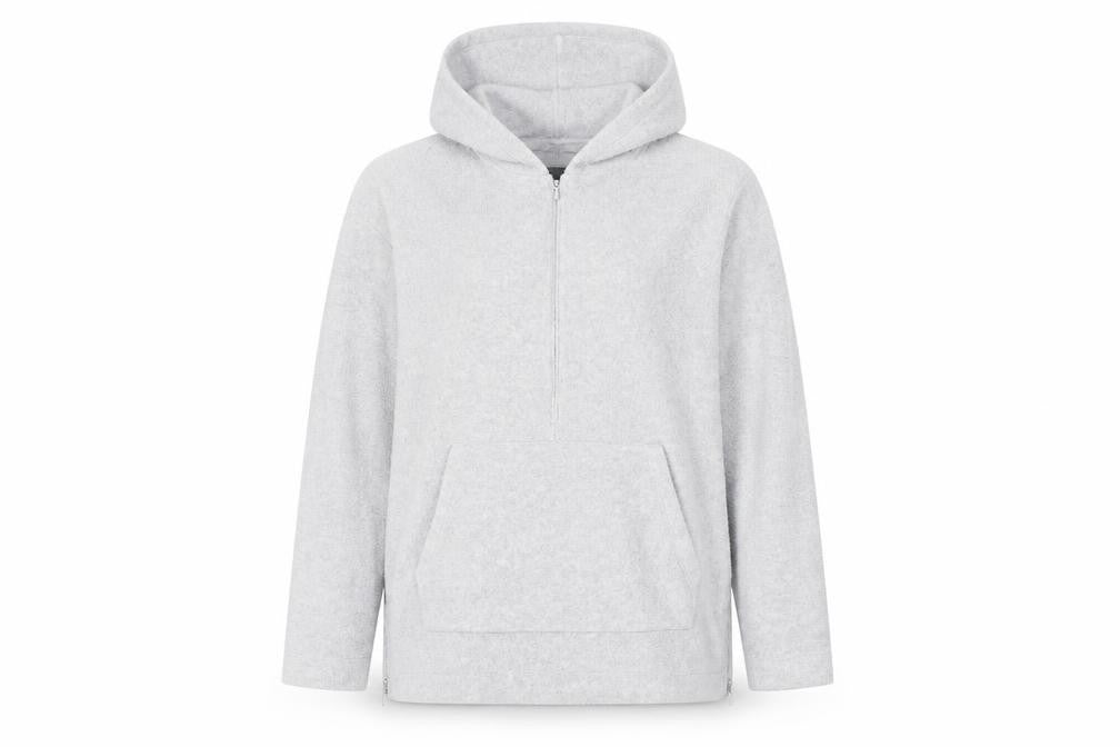 Front view of ASOS women’s grey polyester pullover hoodie, size M, zip