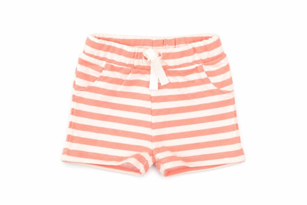 Front view of Marks & Spencer girls’ pink striped cotton cropped trousers, size 3-6, months drawstring - shorts