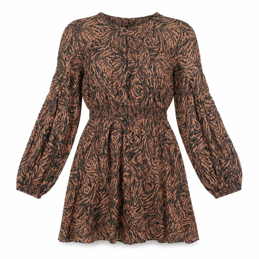 Marks and Spencer Womens Brown Geometric Viscose A-Line Size 10 Round Neck Button